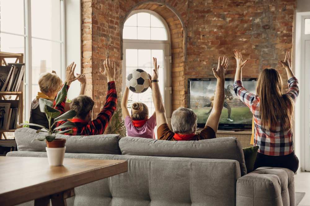 familia grande e animada e feliz assistindo a jogos esportivos juntos no sofa em casa compressed
